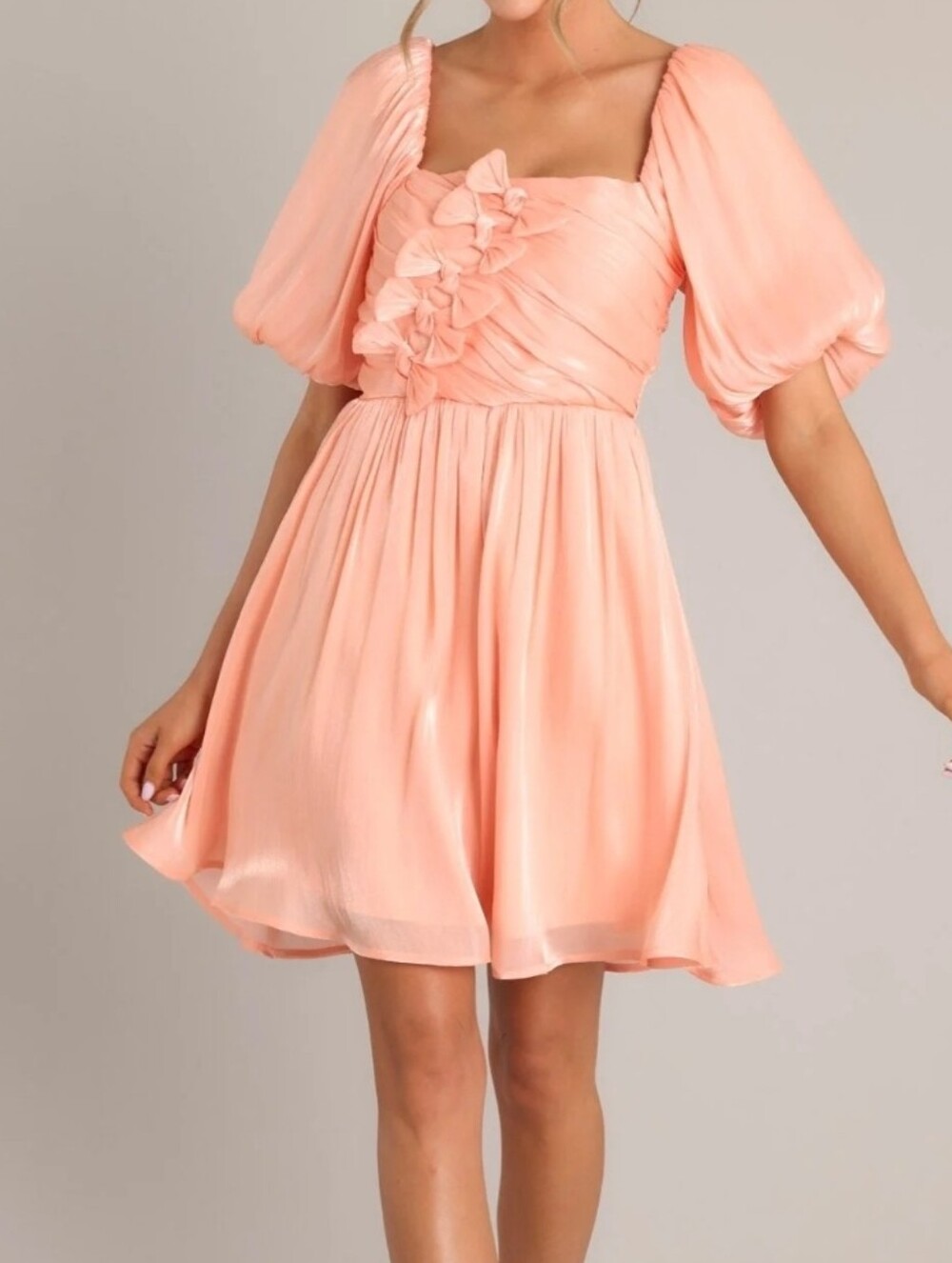 NWT Entro Peach Puff-Sleeve 3D Bows Dress In Medium